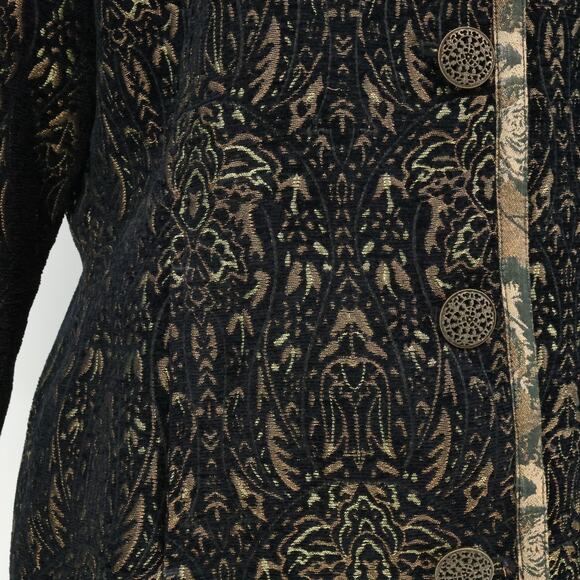 Chicos Jacket 1 Womens Medium 8 Black Gold Metallic Lined Burn out Brocade New - Picture 13 of 16